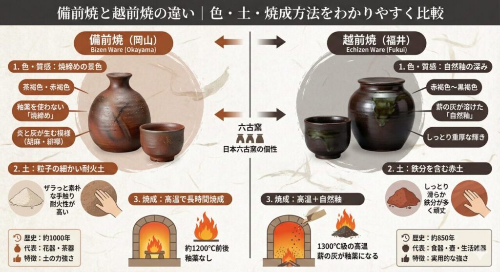 🏺 備前焼と越前焼の違い｜色・土・焼成方法をわかりやすく比較