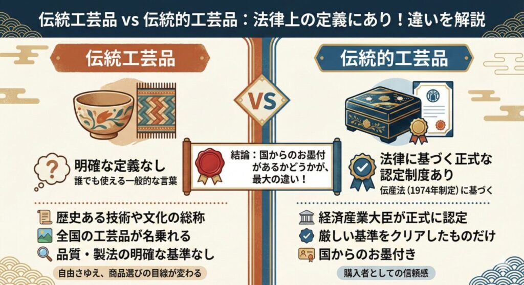 「伝統工芸品 伝統的工芸品 違い」は法律上の定義にあり！