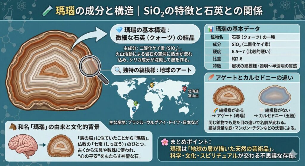 🧪 瑪瑙の成分と構造｜SiO₂の特徴と石英との関係