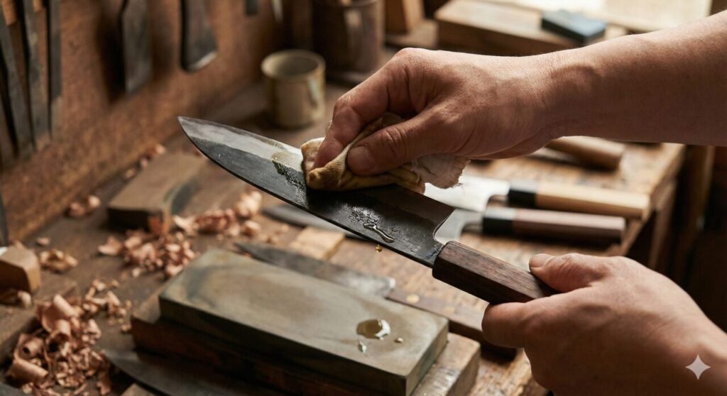 油を塗る:椿油やサラダ油を薄く塗ると、サビ防止になります🌿
