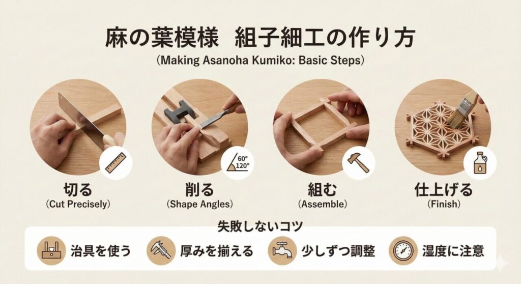 麻の葉模様を例にした組子細工作り方の流れ