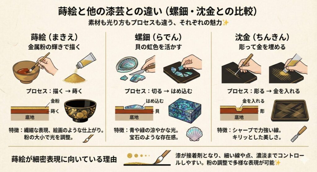 蒔絵と他の漆芸との違い(螺鈿・沈金との比較)