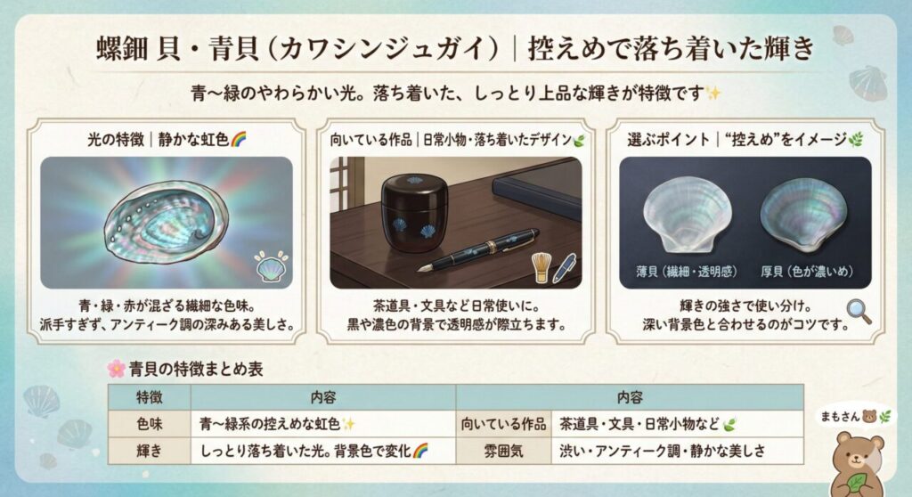 螺鈿 貝・青貝(カワシンジュガイ)|控えめで落ち着いた輝き