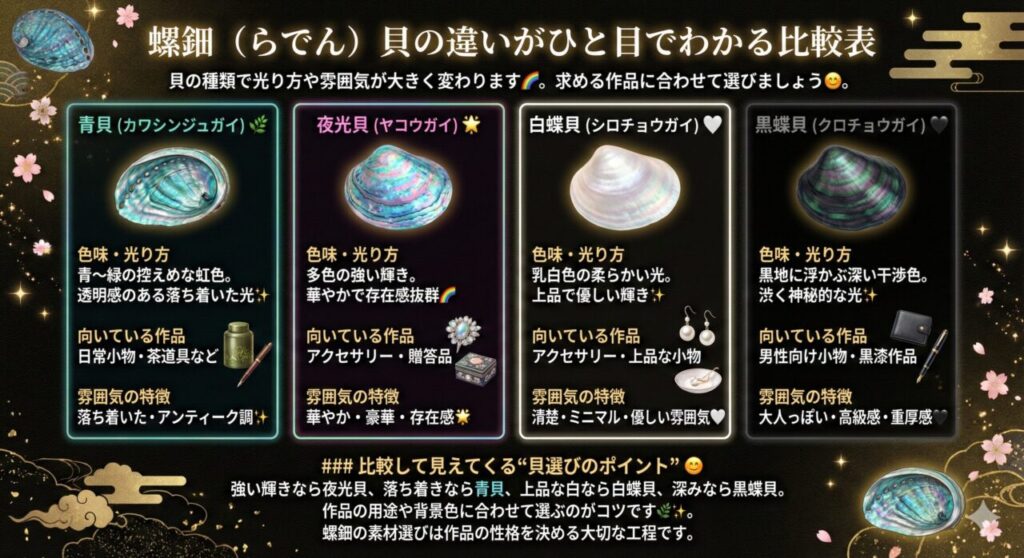 螺鈿 貝の違いがひと目でわかる比較表