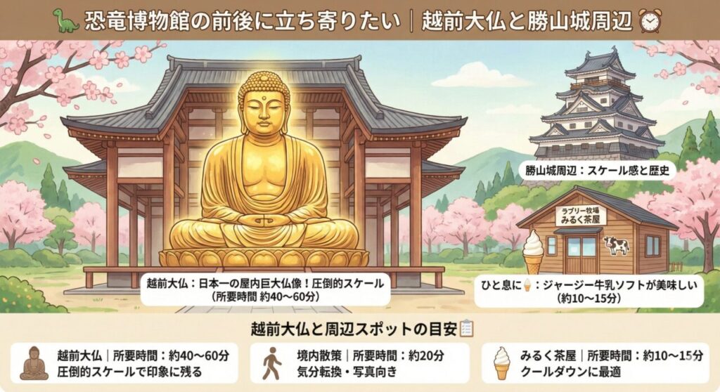 恐竜博物館の前後に立ち寄りたい|越前大仏と勝山城周辺