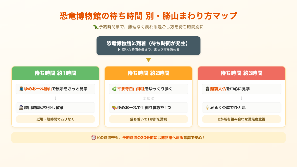 恐竜博物館の待ち時間別・勝山のおすすめ回り方フローチャート（1〜3時間）